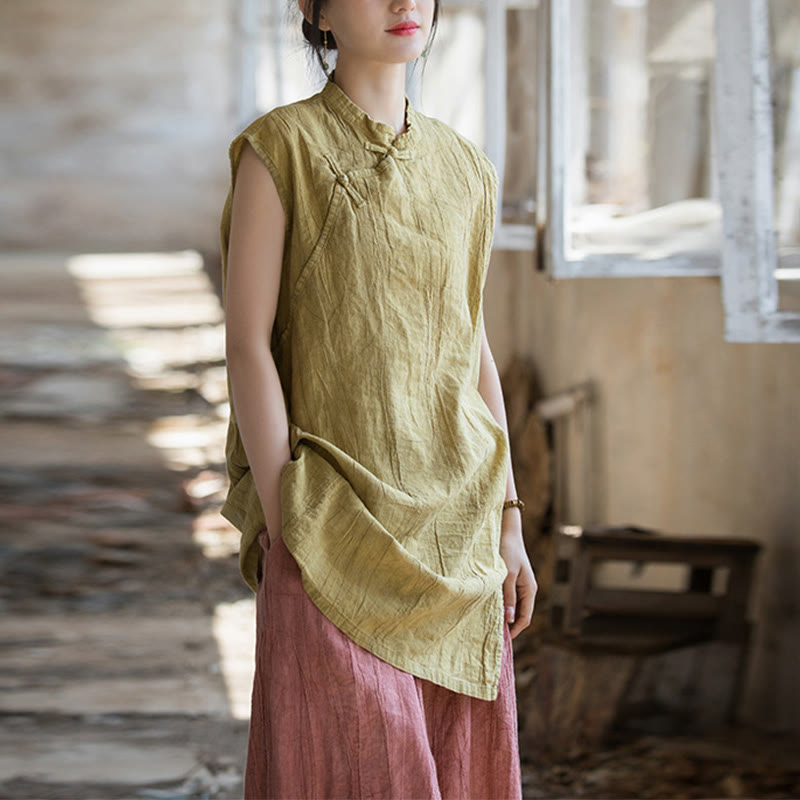 Handmade Tie Dye Ramie Linen Frog-Button Sleeveless Vest
