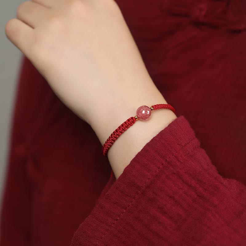 Natural Strawberry Quartz Woven Red String Adjustable Bracelet & Anklet