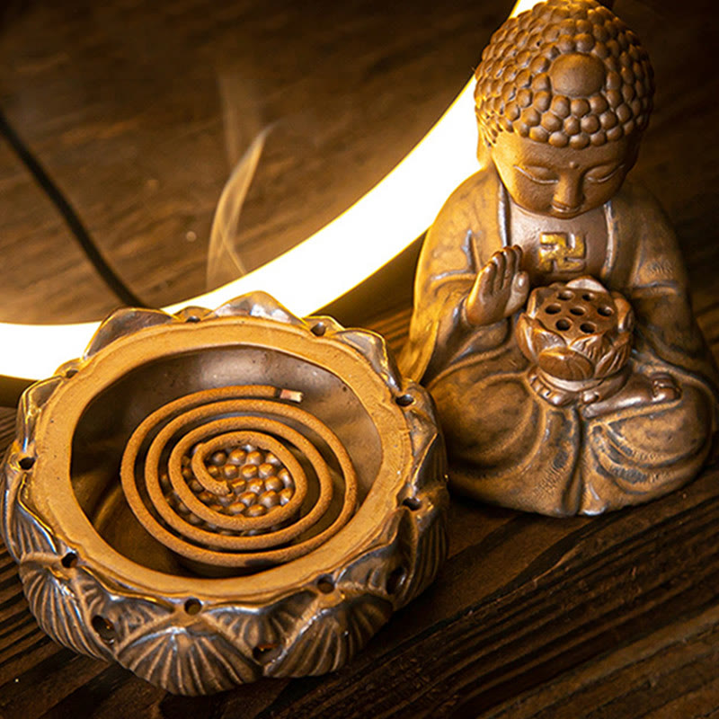 Handcrafted Ceramic Buddha Lotus Backflow Smoke Fountain Incense Burner with Light for Meditation & Yoga