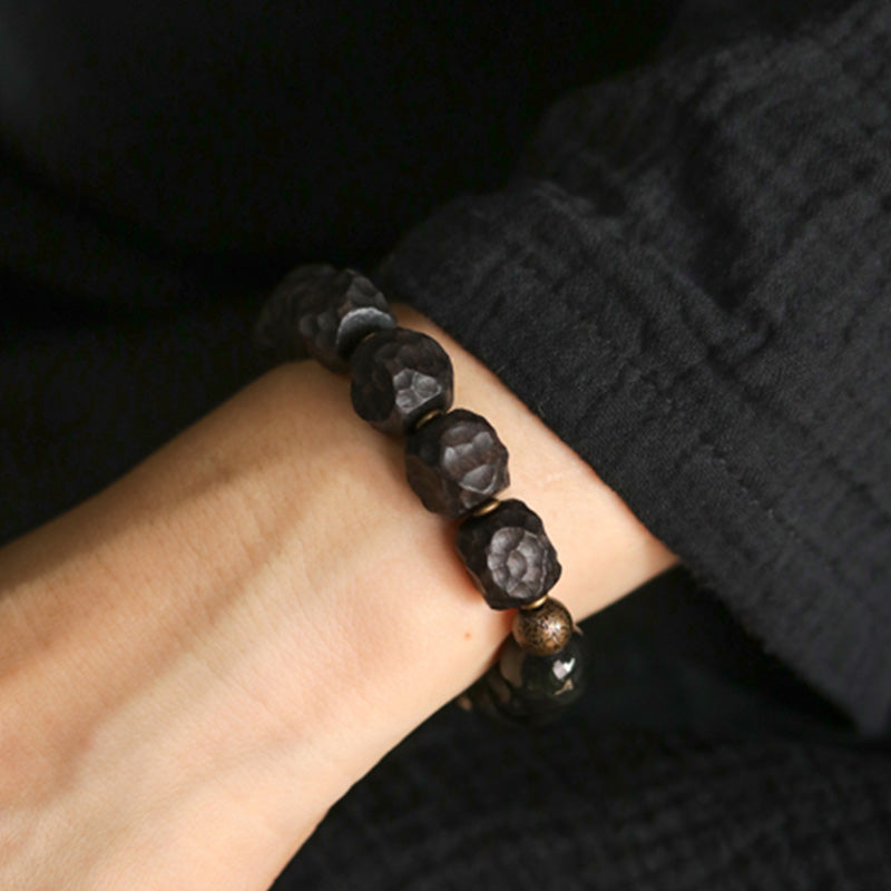 Handcrafted Black Obsidian Ebony Wood & Copper Strength Couple Bracelet