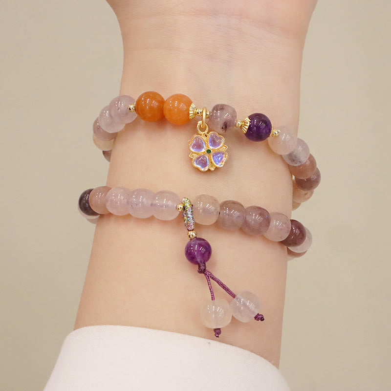 Natural Golden Silk Jade Violet Flower Bead Charm Adjustable Bracelet