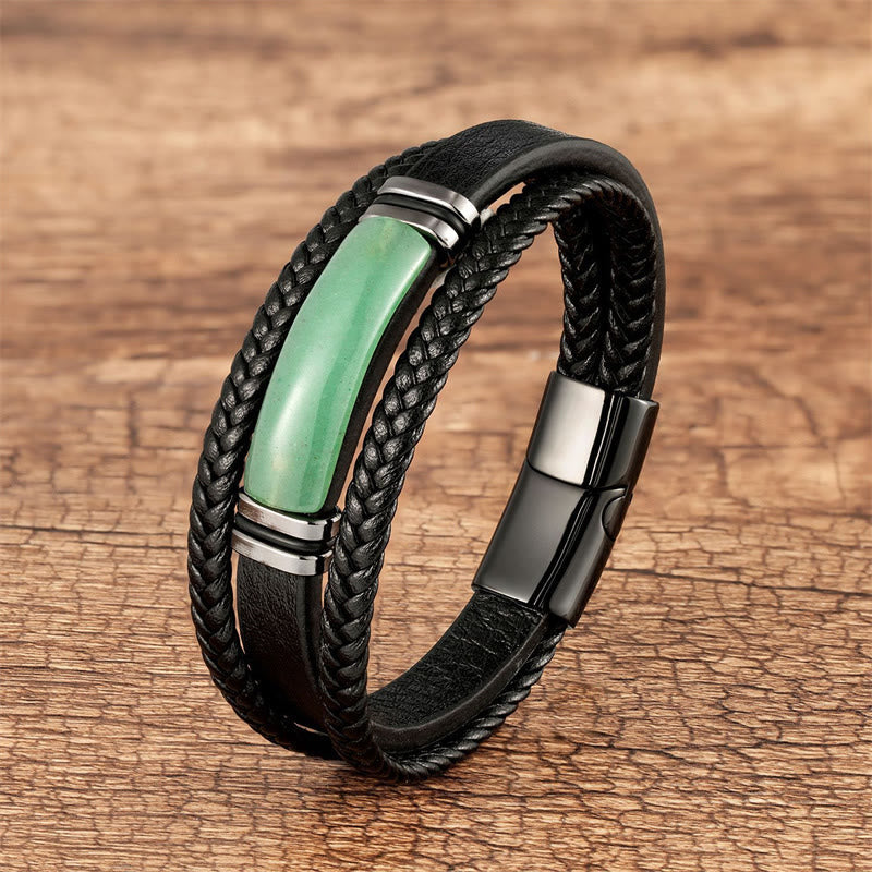 Multilayered Braided Leather Natural Gemstone Power Bracelet