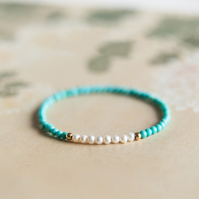 Handcrafted 925 Sterling Silver Natural Turquoise and Pearl Beaded Gold-Tone Bracelet