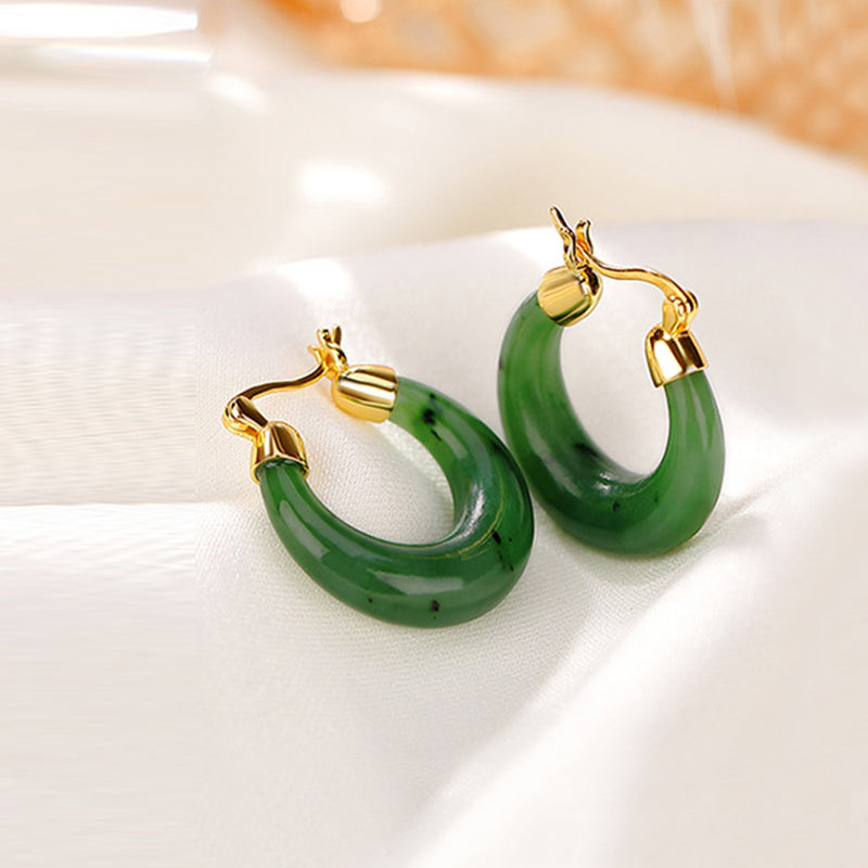 925 Sterling Silver Plated Gold Natural Round Hetian Cyan Jade Luck Drop Earrings