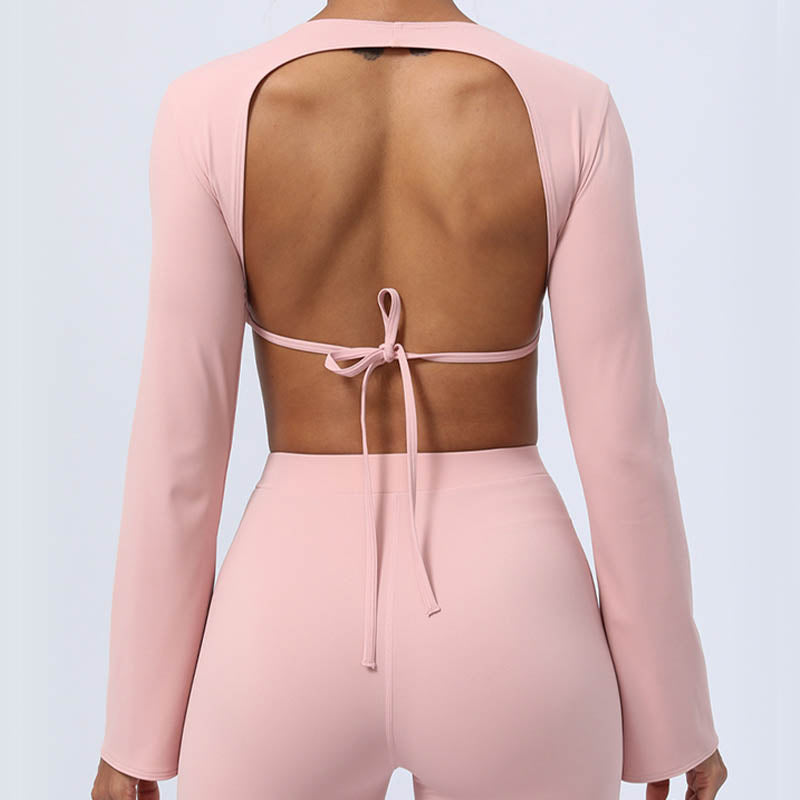 Long Sleeve Backless Strap Top Bra Flare Pants Fitness Yoga Outfit