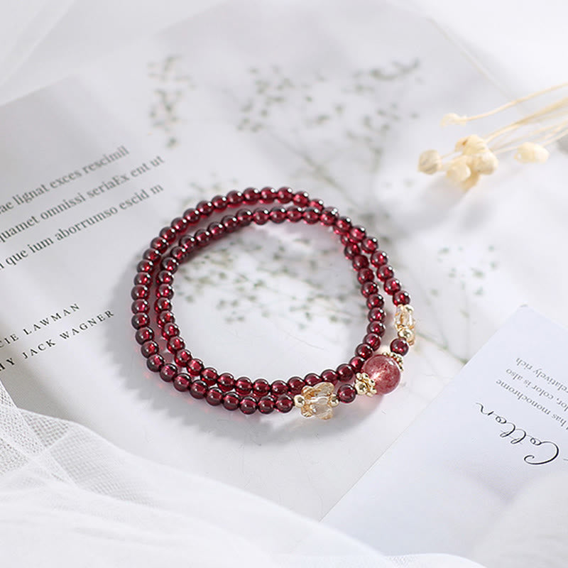 14K Gold Plated Natural Garnet Strawberry Quartz Butterfly Protection Double Wrap Bracelet