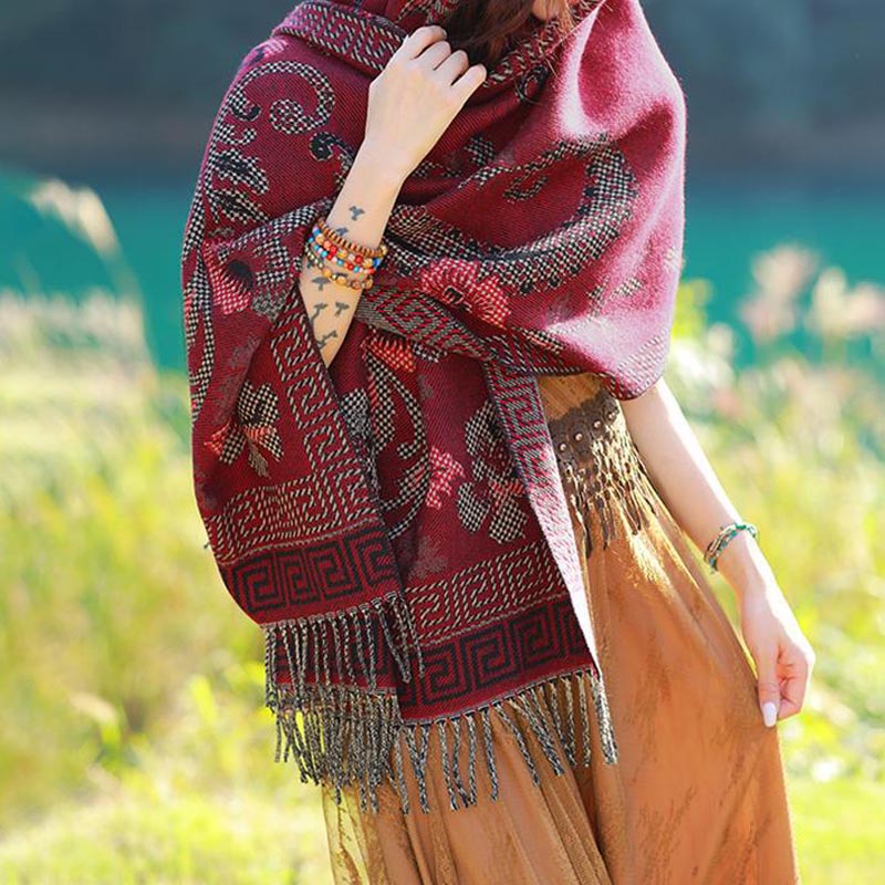 Tibetan Flowers Leaves Pattern Design Shawl Cozy Travel Scarf Wrap