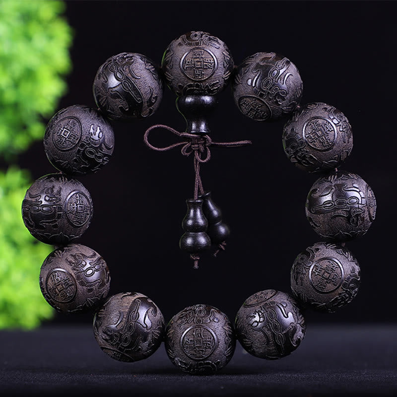 Chinese Zodiac Rosewood Ebony Copper Coin PiXiu Carved Warmth Bracelet