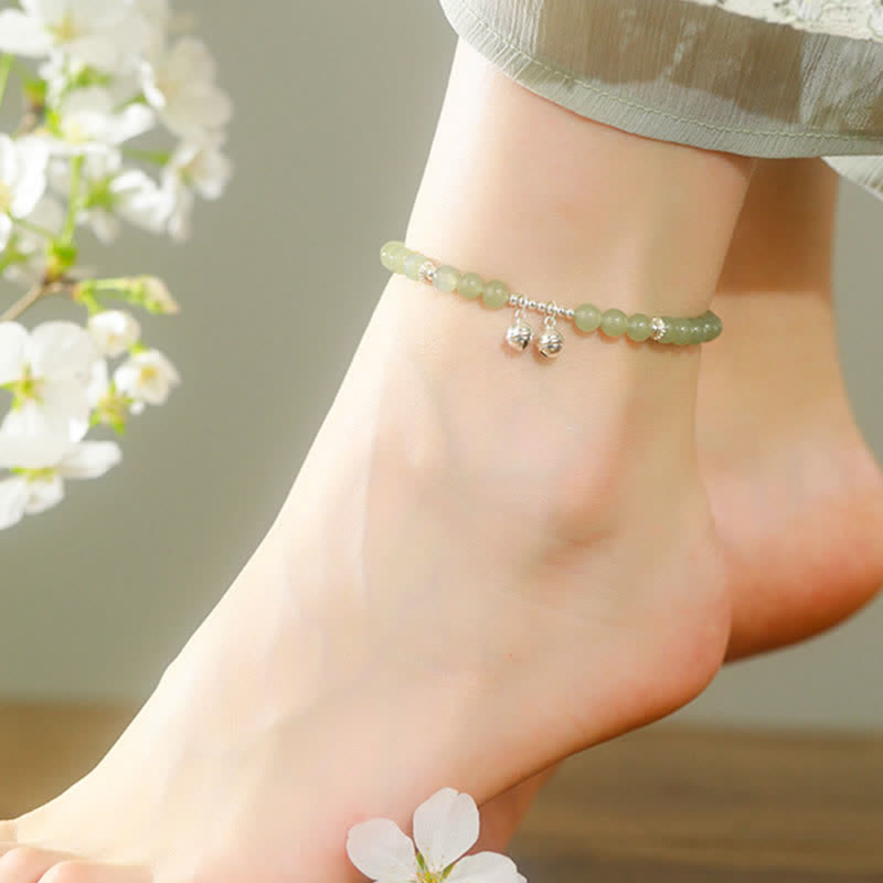 925 Sterling Silver Natural Hetian Jade Bell Charm Anklet