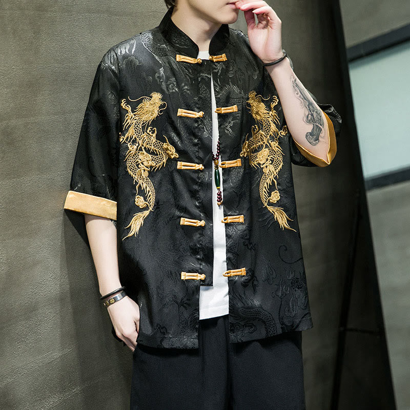 Frog-Button Chinese Dragon Embroidery Half Sleeve Shirt Linen Men Clothing