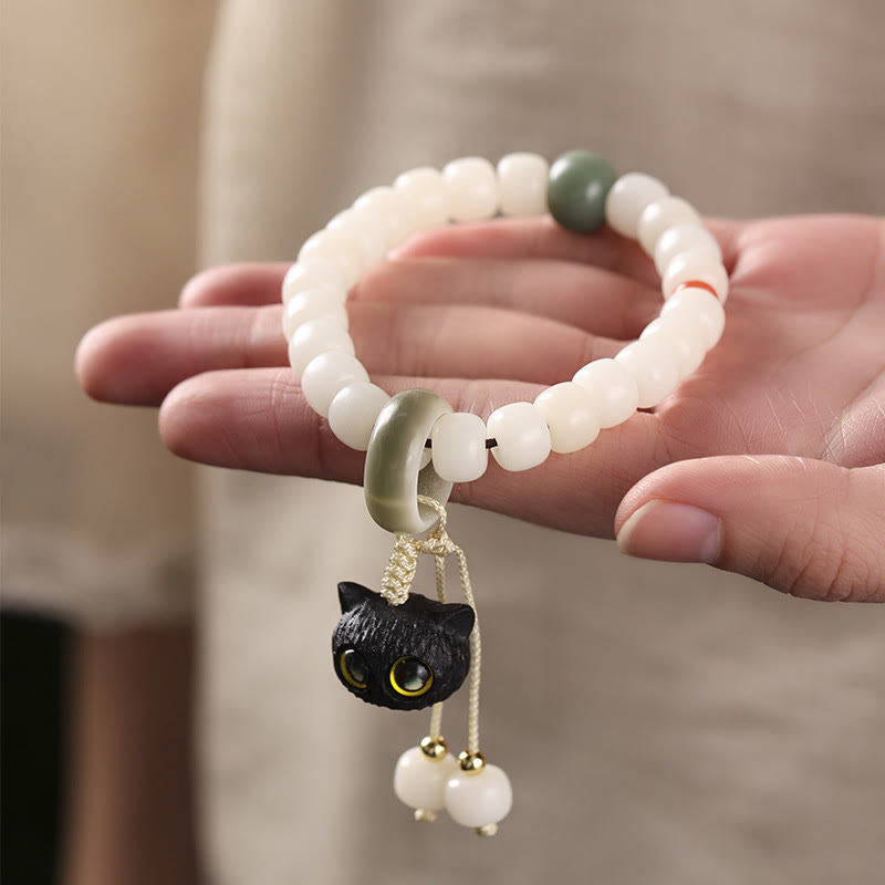 Natural Bodhi Seed and African Blackwood Beaded Bracelet with Hand-Finished Cat Charm