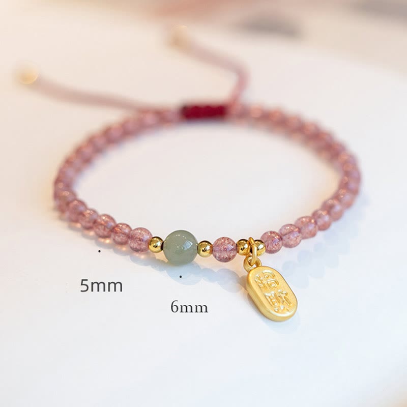 Natural Jade & Strawberry Quartz Garnet Fu Prosperity Character Beaded Bracelet