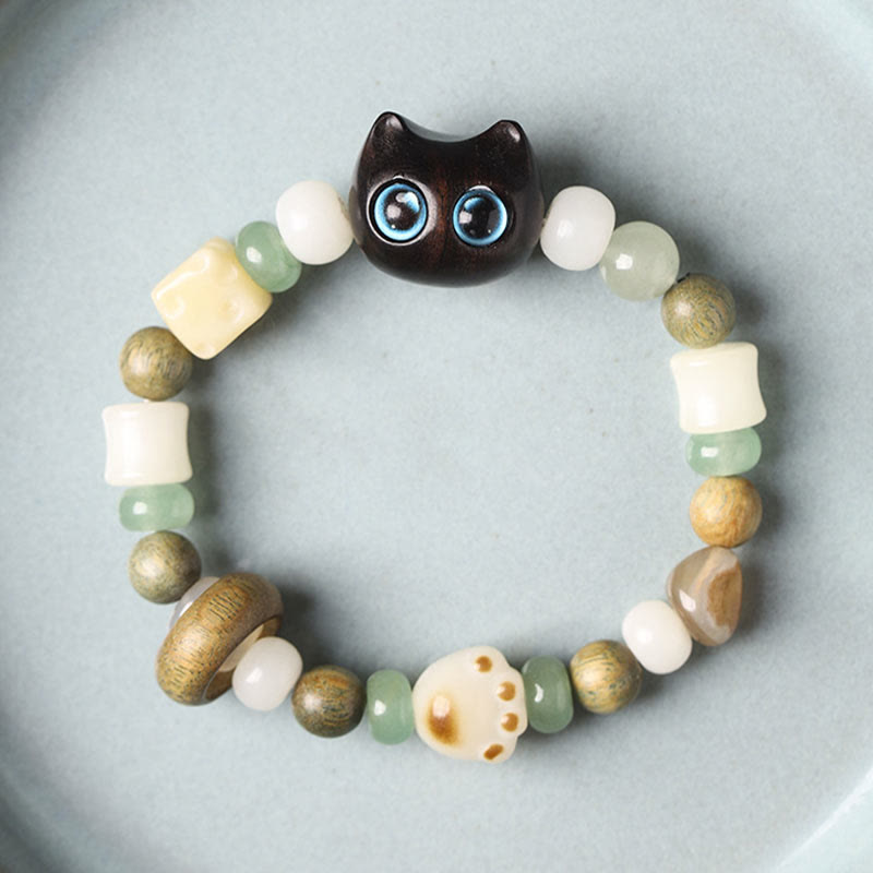 Bodhi Seed Green Sandalwood Ebony Wood Small Leaf Red Sandalwood Cat Head Paw Claw Peace Bracelet