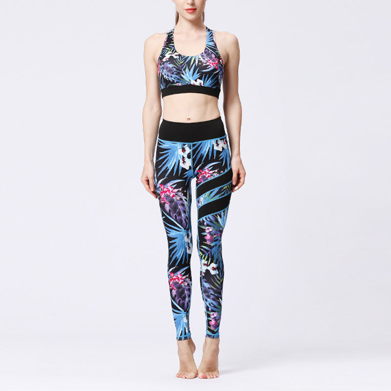 2Pcs Sunflower Flowers Leaves Print Top Pants Sports Fitness Yoga Women's Yoga Sets