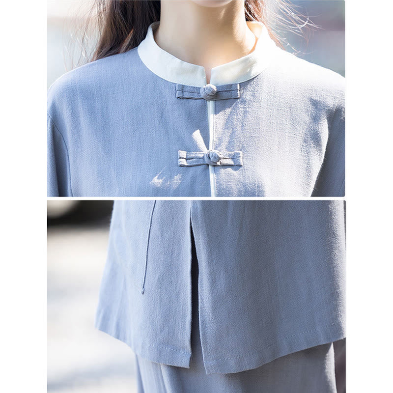 2Pcs Frog-Button Long Sleeve Shirt Top Pants Meditation Zen Tai Chi Cotton Linen Clothing Women's Set