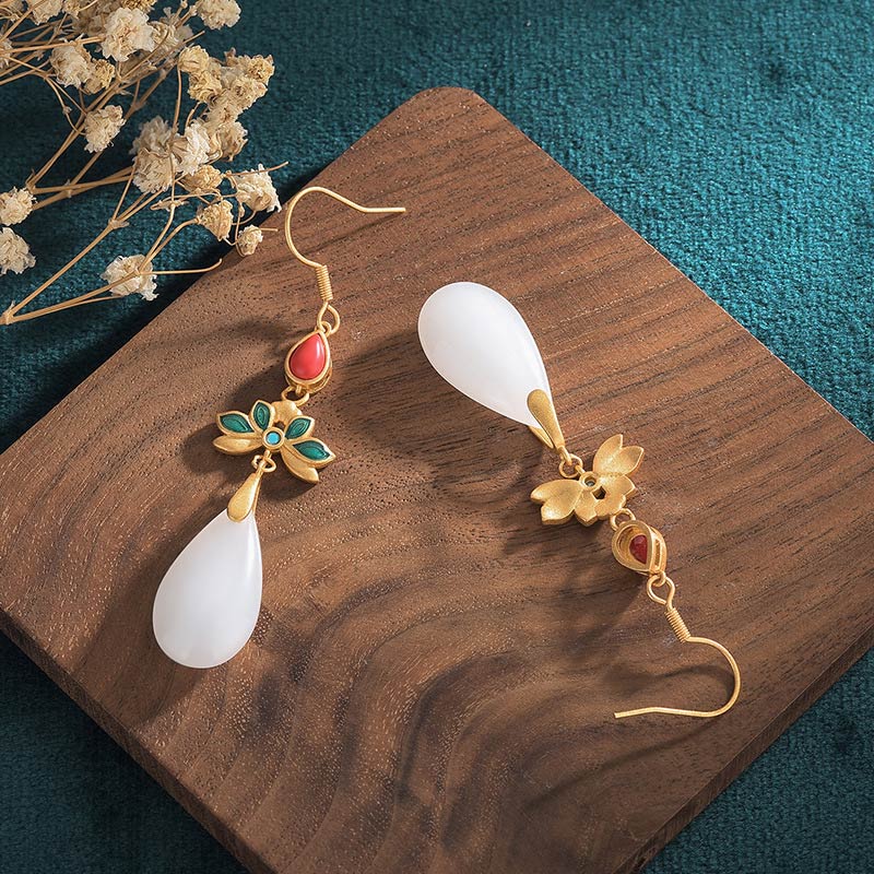FengShui White Jade Luck Drop Earrings