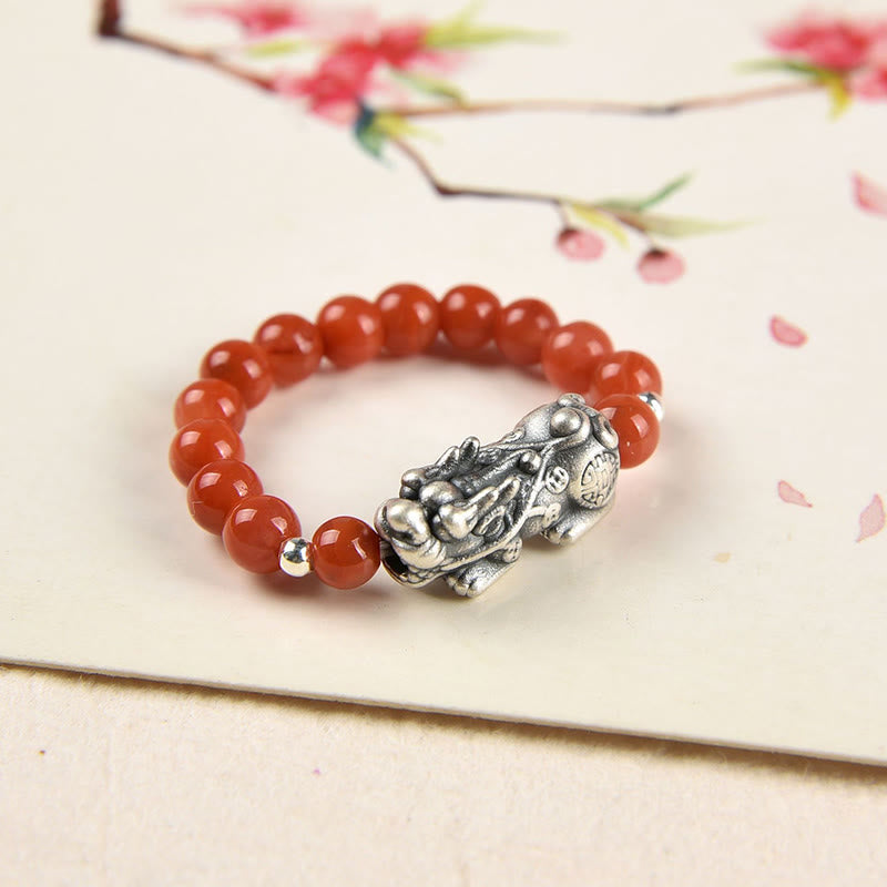 925 Sterling Silver Natural Garnet Moonstone Red Agate PiXiu Wealth Ring