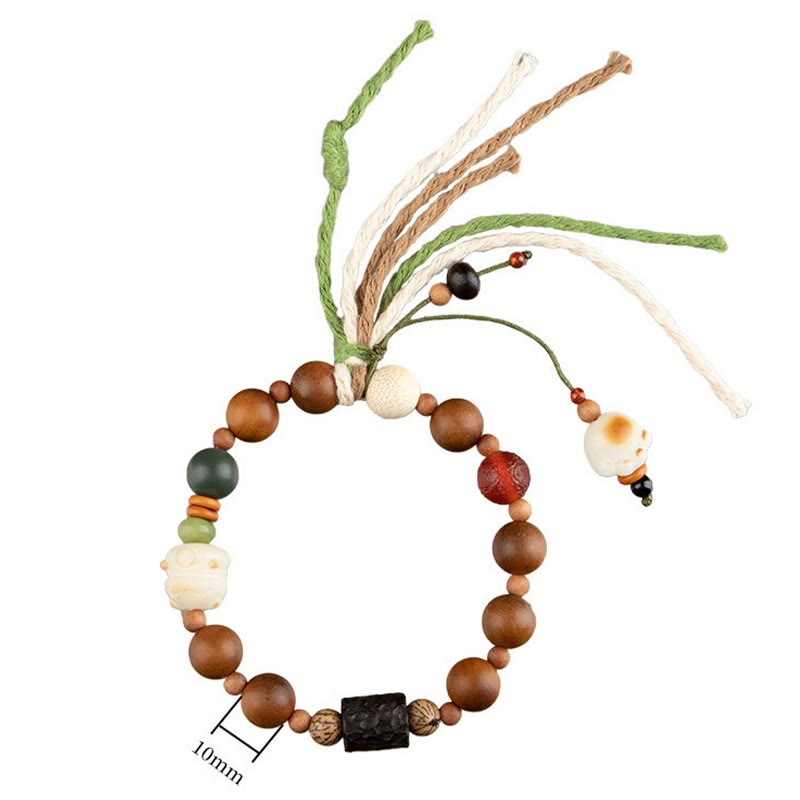 Lightning Struck Wood & Bodhi Seed Cat Paw Tassel Bracelet with Red Agate and Onyx
