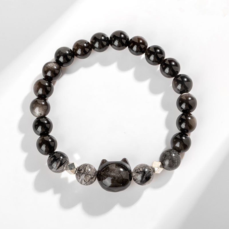 Natural Silver Sheen Obsidian Cute Cat Head Protection Bracelet