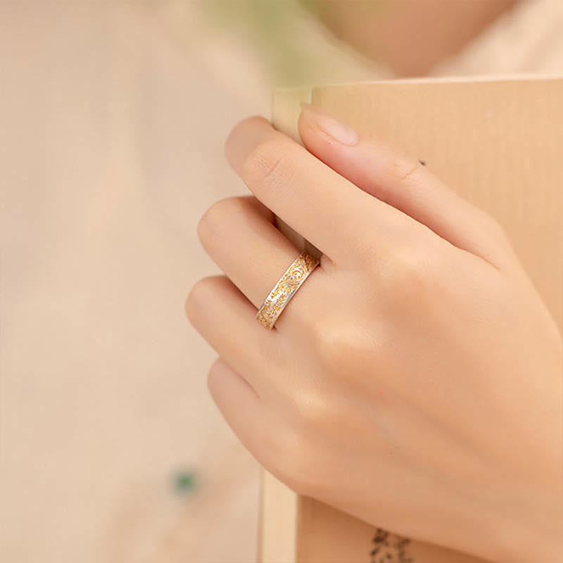 999 Sterling Silver Gold-Painted Joyful Flower Pattern Peaceful Heart Sutra Ring