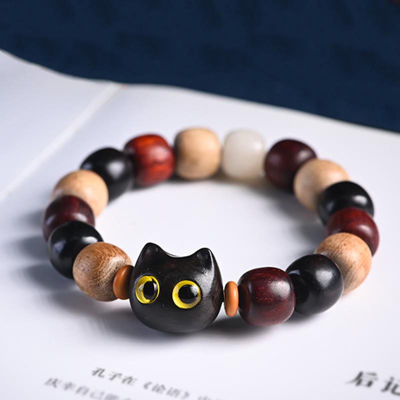 Hand-Carved Cat Engraved Red Sandalwood and Ebony Wood Bracelet