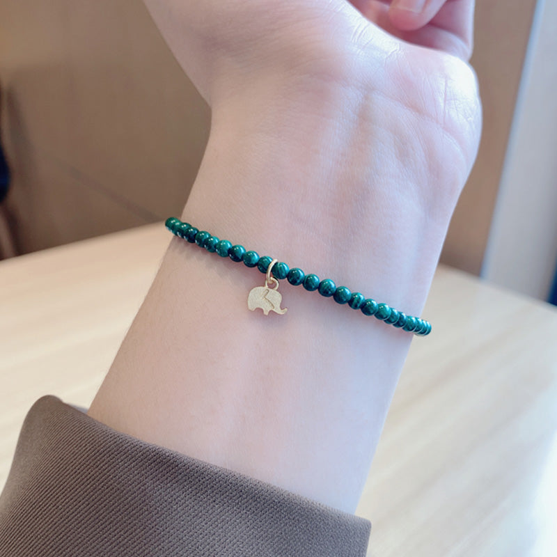 Natural Malachite Elephant Charm Bracelet with Adjustable Sizing