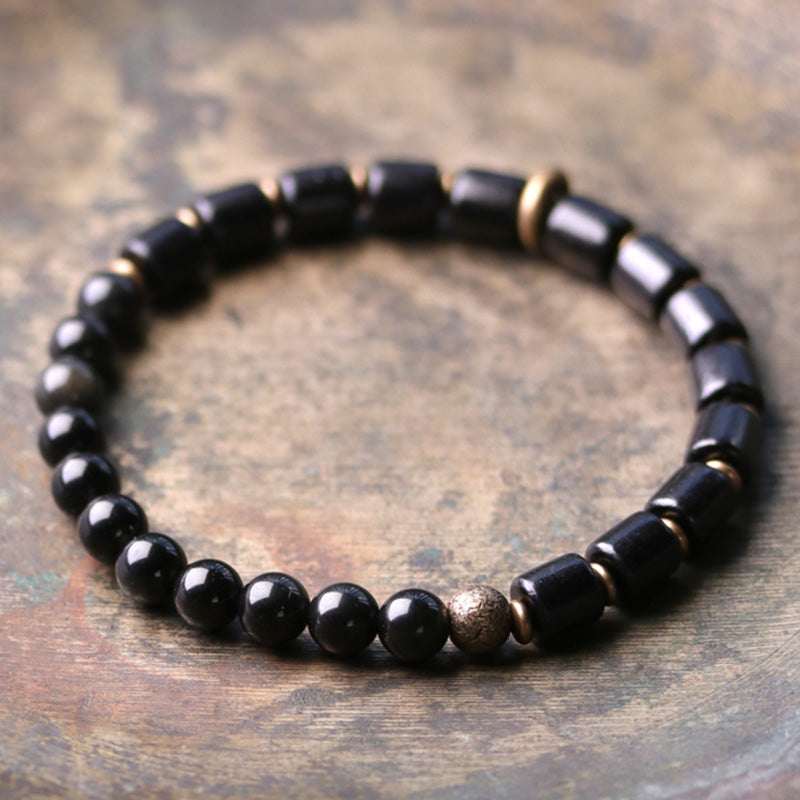 Handmade Ebony Wood & Copper Peace Couple Bracelet with Natural Gemstones