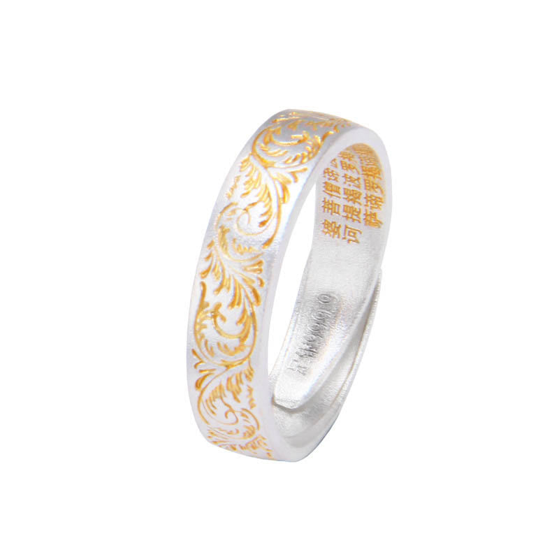 999 Sterling Silver Gold-Painted Joyful Flower Pattern Peaceful Heart Sutra Ring