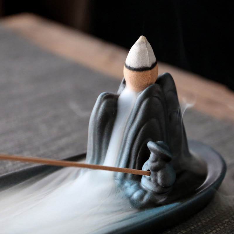 Handcrafted Mountain & Koi Fish Ceramic Stick Incense Burner for Meditation