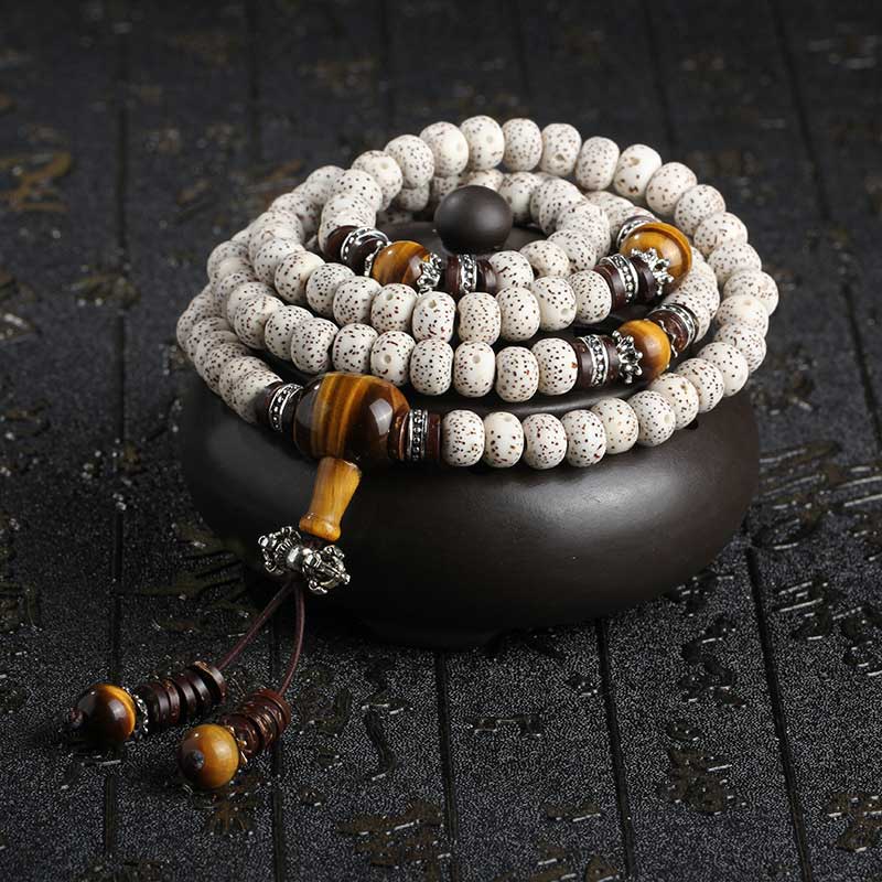 Handmade Tibetan Tiger Eye and Bodhi Seed 108-Bead Buddha Mala Peace Bracelet