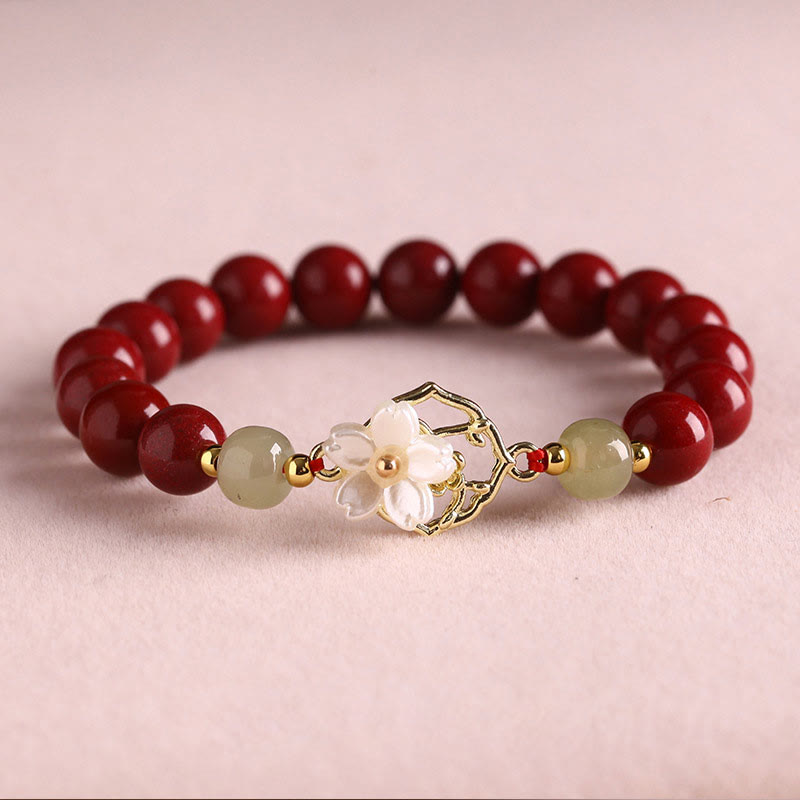 Natural Cinnabar Jade Beaded Tridacna Stone Flower Blessing Bracelet