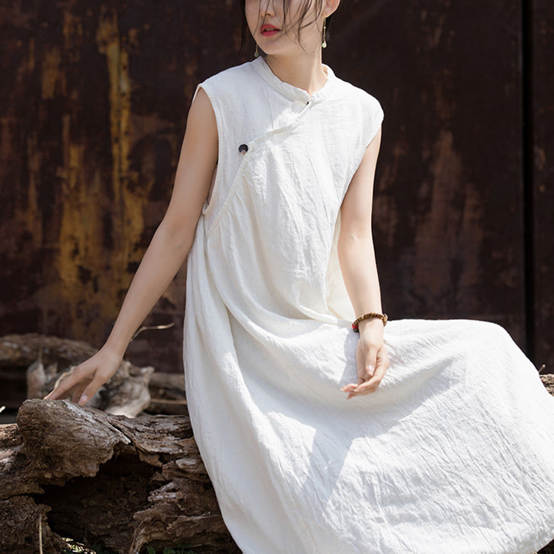 Handmade Tie Dye Midi Dress Linen Sleeveless Dress
