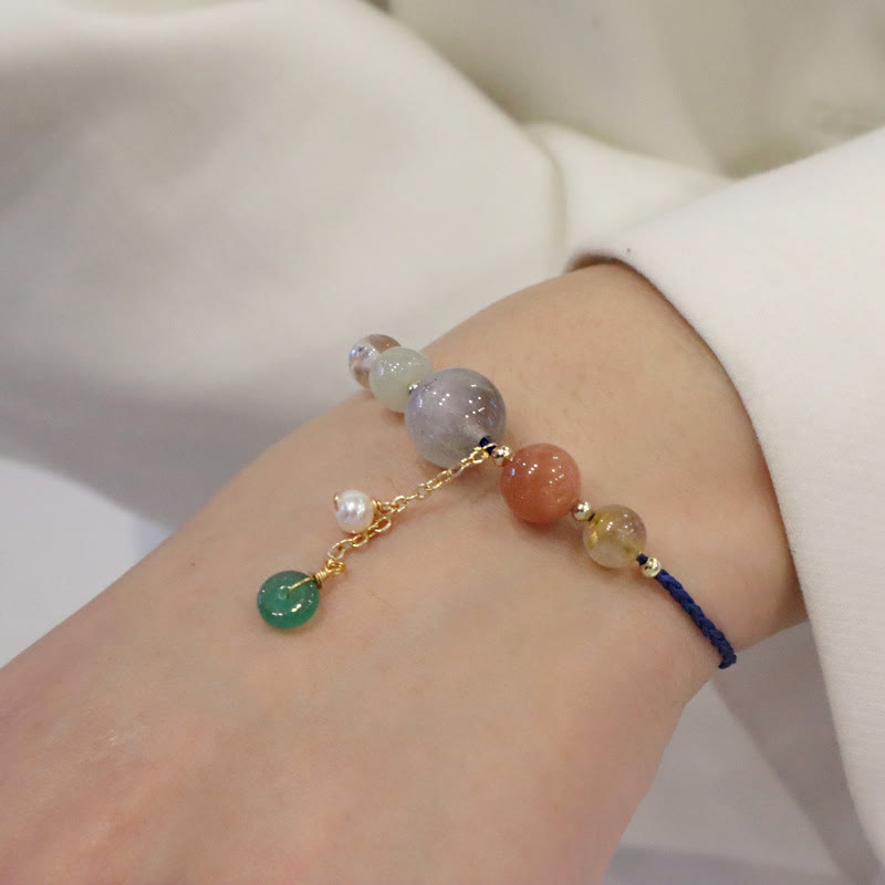 Multi-Gemstone Rope Bracelet with Moonstone, Sunstone, Hetian Jade & Ping An Kou Charm