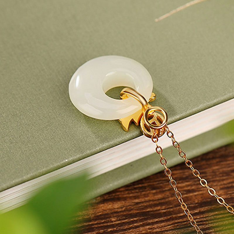 925 Sterling Silver Plated Gold Year of the Dragon Hetian Jade Peace Buckle Copper Coin Abundance Necklace Pendant