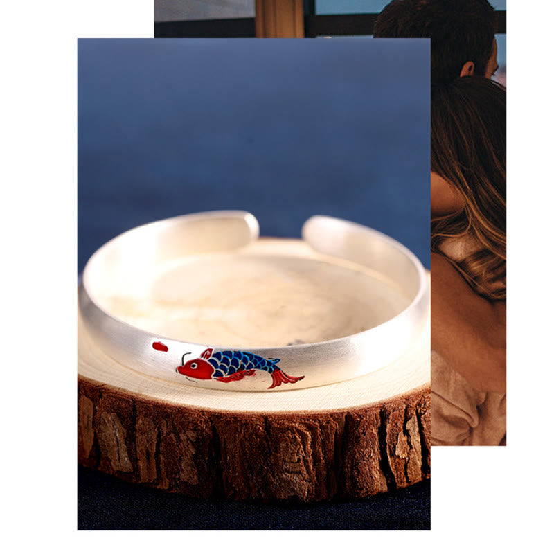 999 Sterling Silver Koi Fish Luck Cuff Bracelet Bangle