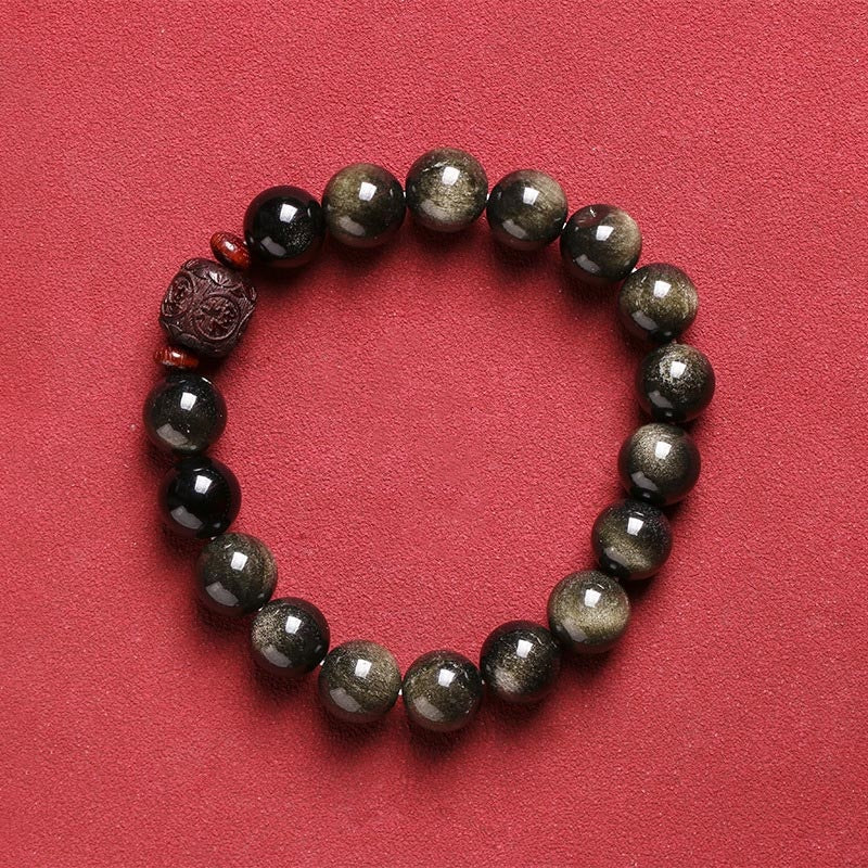 Natural Gold Sheen Obsidian Rainbow Obsidian Om Mani Padme Hum Fu Character Healing Bracelet