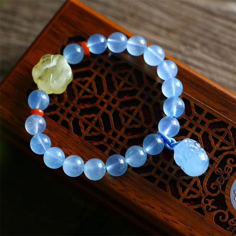 Natural Aquamarine, Amber, and Red Agate Pixiu Charm Bracelet