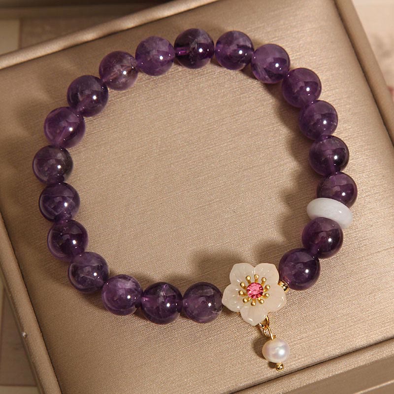Natural Amethyst, White Agate & Pearl Charm Balance Bracelet (14-17cm)