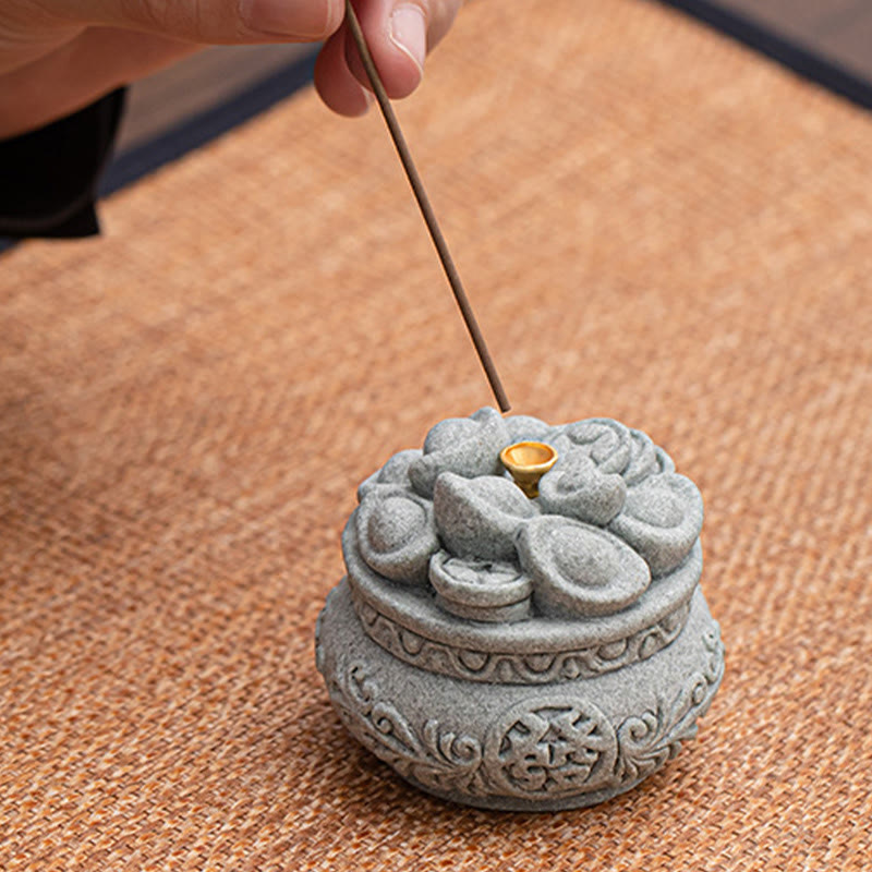 Goldstone Sycee Ingot Incense Burner with Fu Symbol Desk Meditation Tool