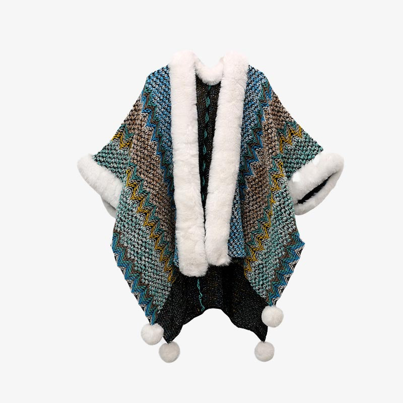 Tibetan Multicolored Wavy Lines Knitted Striped Shawl Coat Winter Cozy Travel Scarf Wrap