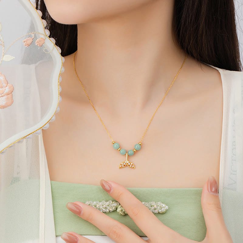 925 Sterling Silver Hetian Jade Bead Fishtail Luck Necklace Pendant