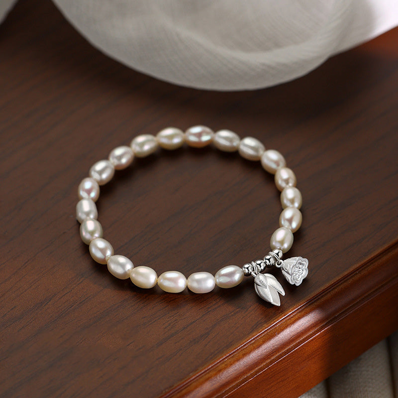 999 Sterling Silver Lotus Flower Pod & Natural Pearl Bracelet