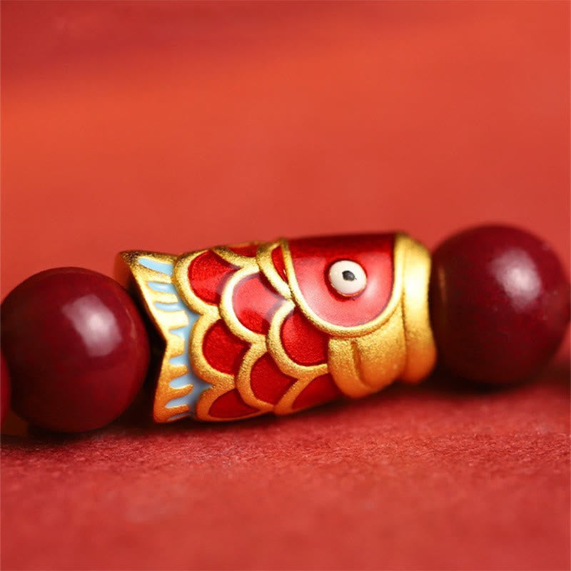 Natural Cinnabar & Hetian Jade Bead Bracelet with Koi Fish Symbol