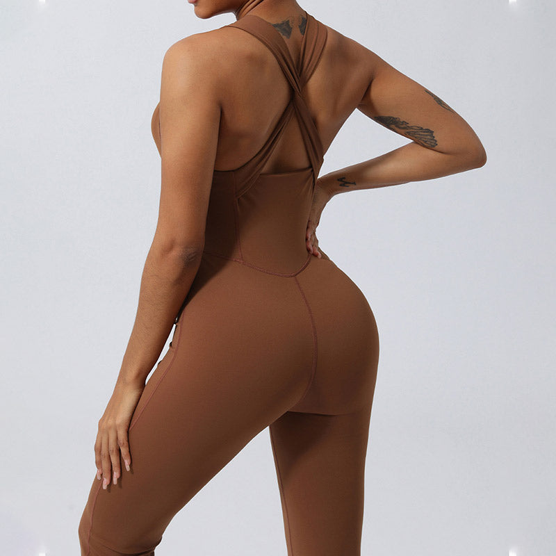Women Workout Crisscross Sleeveless Flare Jumpsuit Sports Fitness Yoga Bodysuit