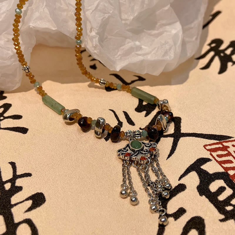 Tibetan Crystal Stone Copper Luck Tassel Necklace Pendant