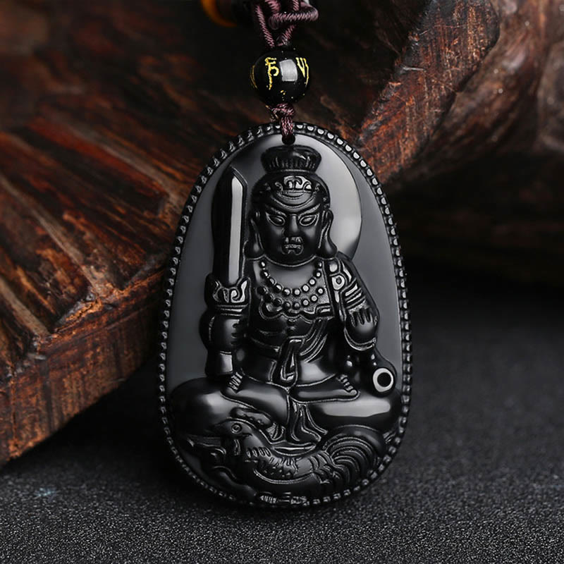 Chinese Zodiac Natal Buddha Natural Black Obsidian Purification Necklace Pendant