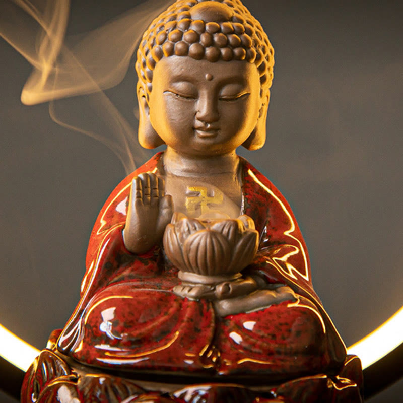 Handcrafted Ceramic Buddha Lotus Backflow Smoke Fountain Incense Burner with Light for Meditation & Yoga
