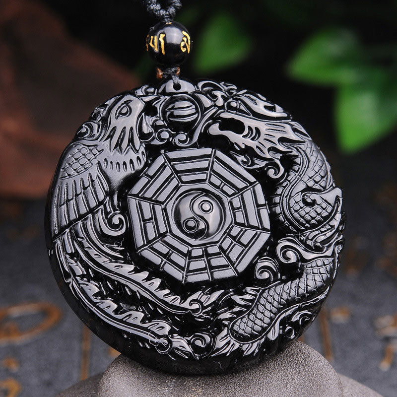 Bagua Dragon Phoenix Obsidian Fulfilment Pendant Necklace