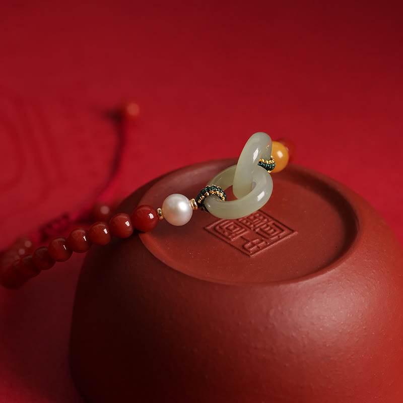 Natural Red Agate Hetian Jade Double Peace Buckle Confidence Bracelet