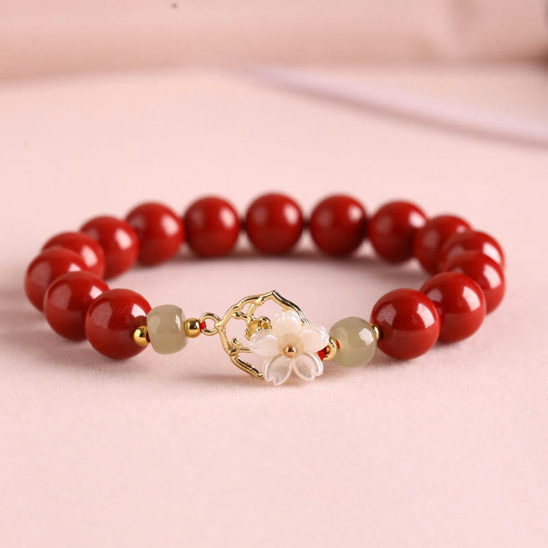 Natural Cinnabar Jade Beaded Tridacna Stone Flower Blessing Bracelet